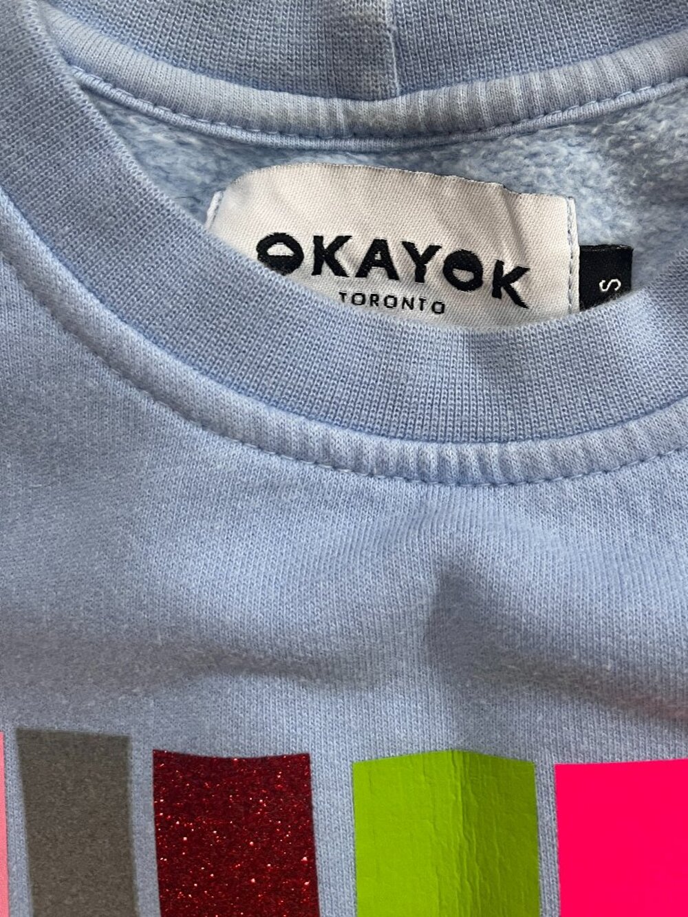 Okayok sweatshirt -  periwinkle blue with coloured pattern on front. Size sm-med - Picture 2 of 7